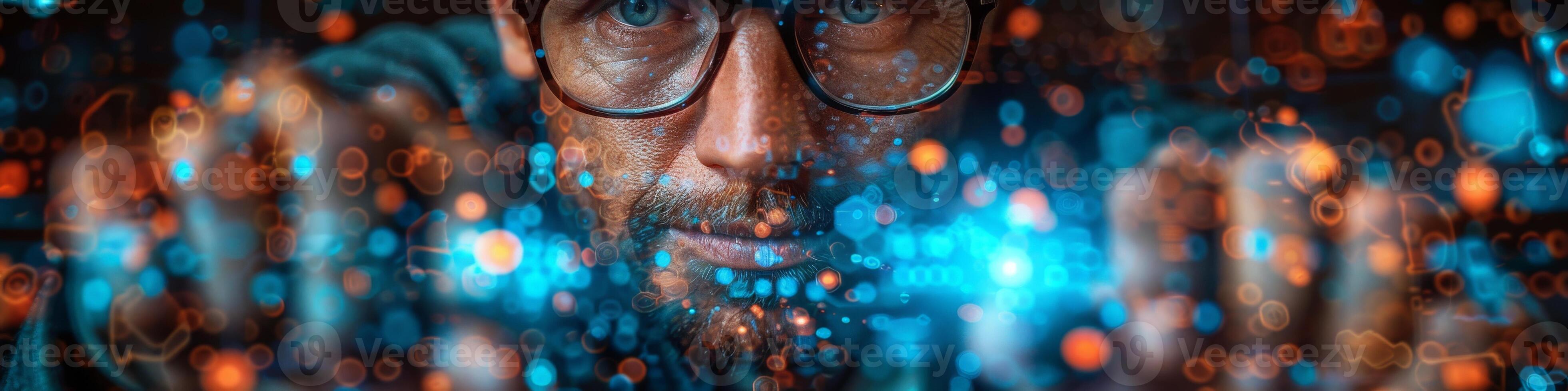 A man with glasses and a beard is sitting in front of a computer monitor photo