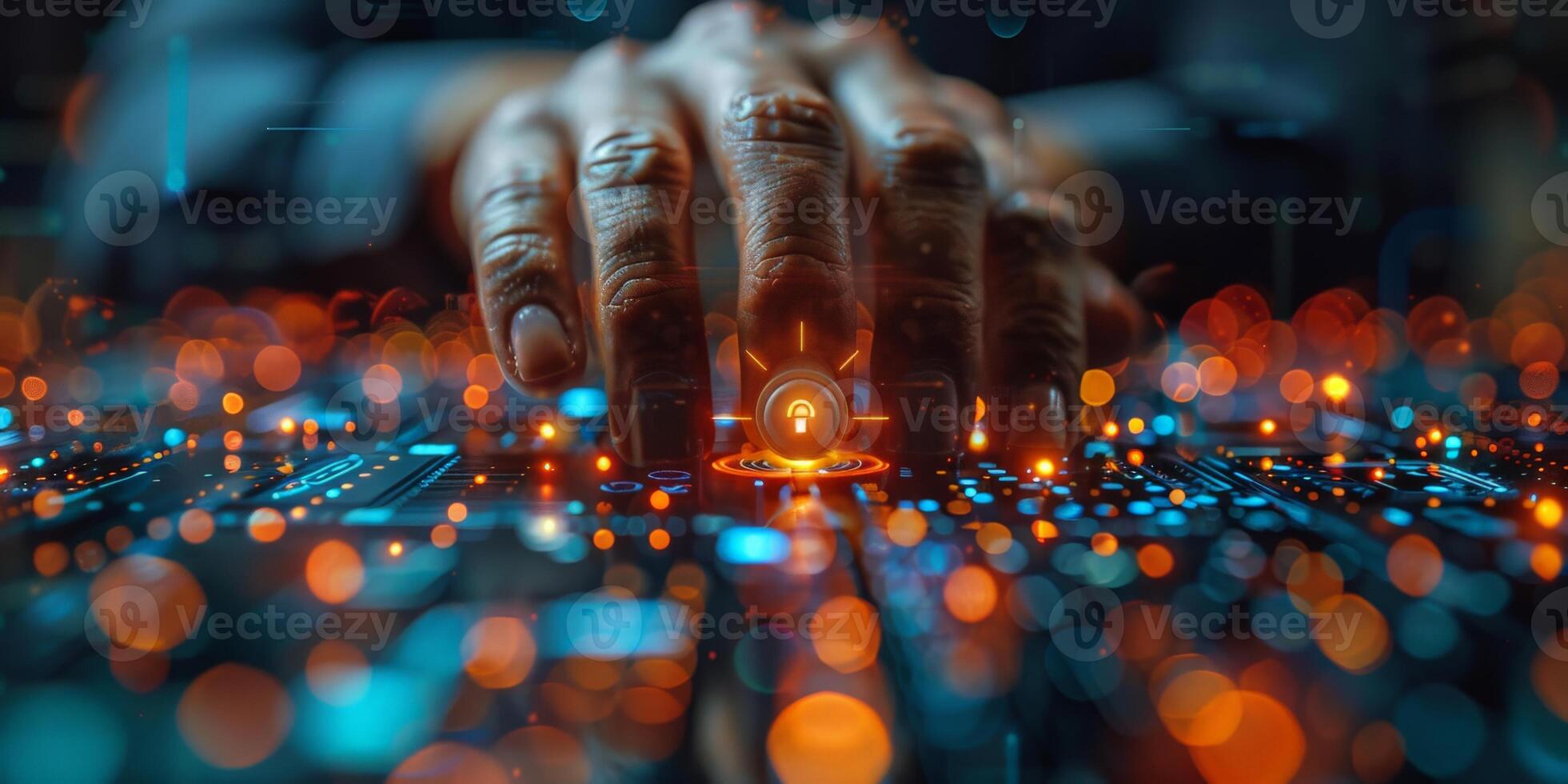 Image shows a closeup of a hand on a futuristic circuit board with glowing lights photo