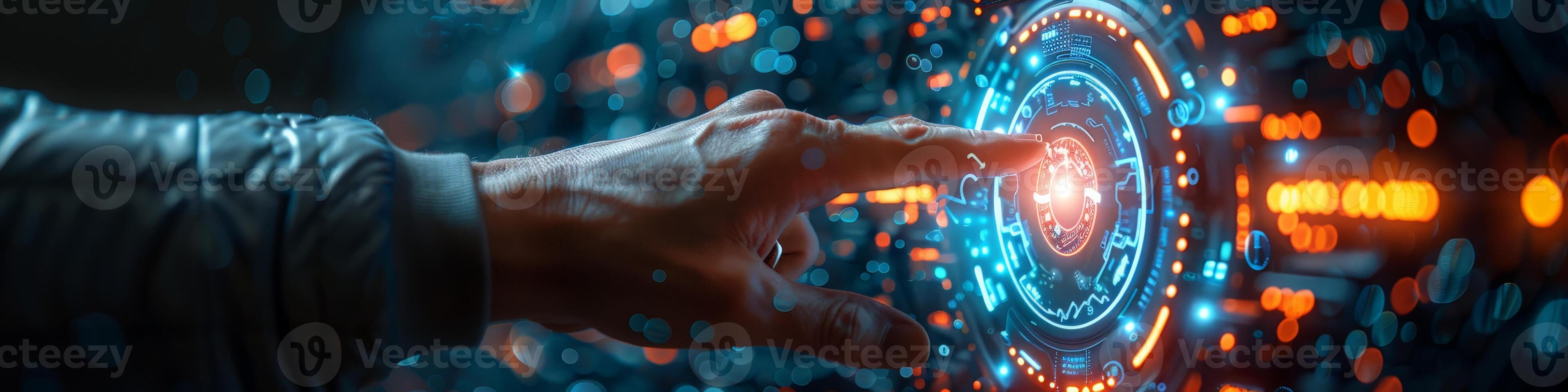 In the image, a hand is pushing a button displayed on a modern screen photo