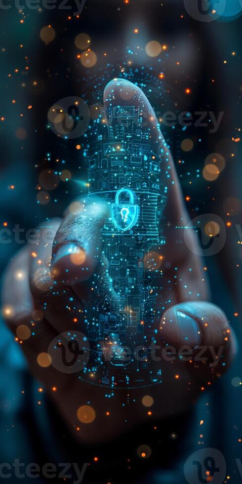 In her hand, a woman is demonstrating a digital padlock with its features photo