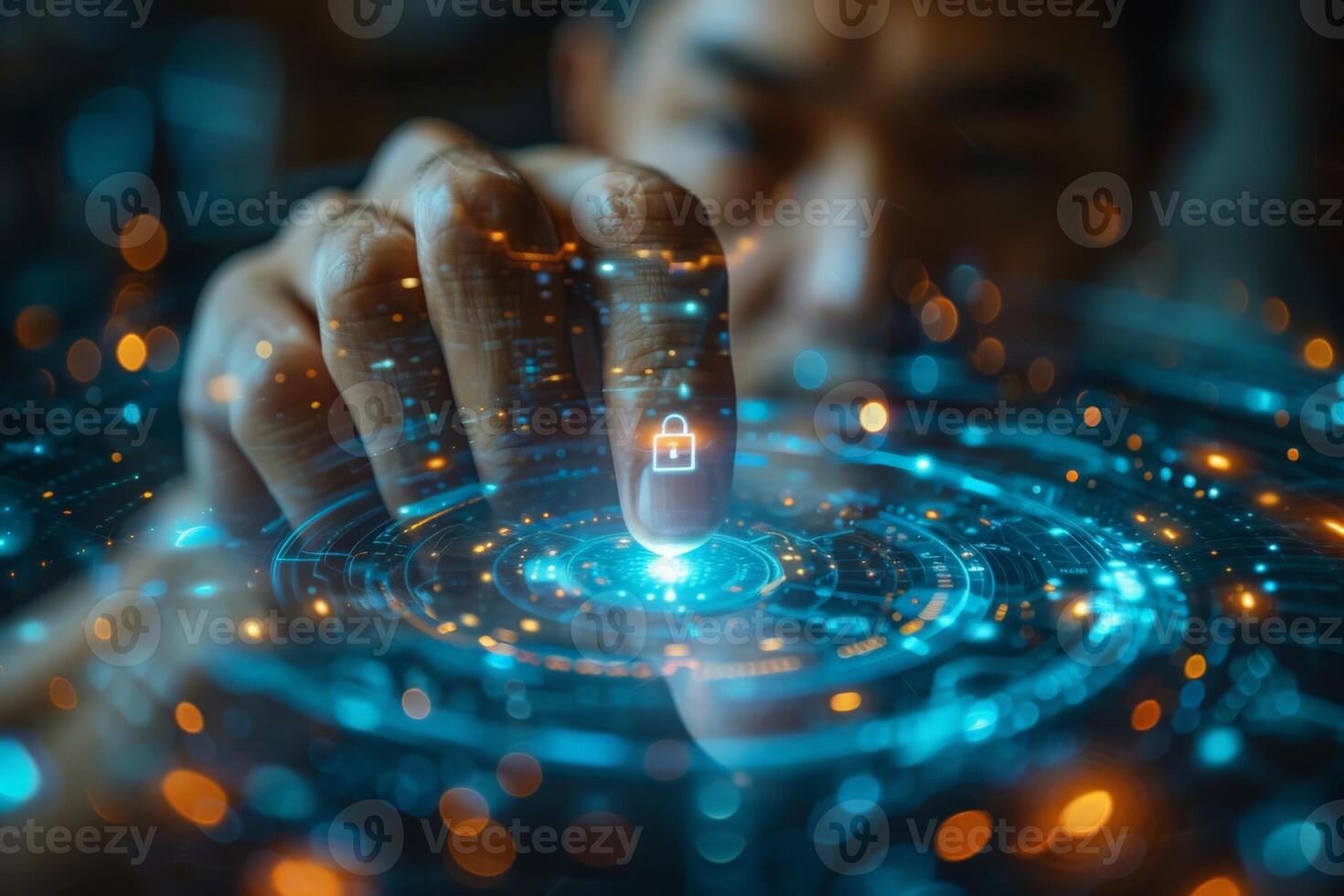 A person is engaged in pushing a button highlighted with a padlock symbol photo