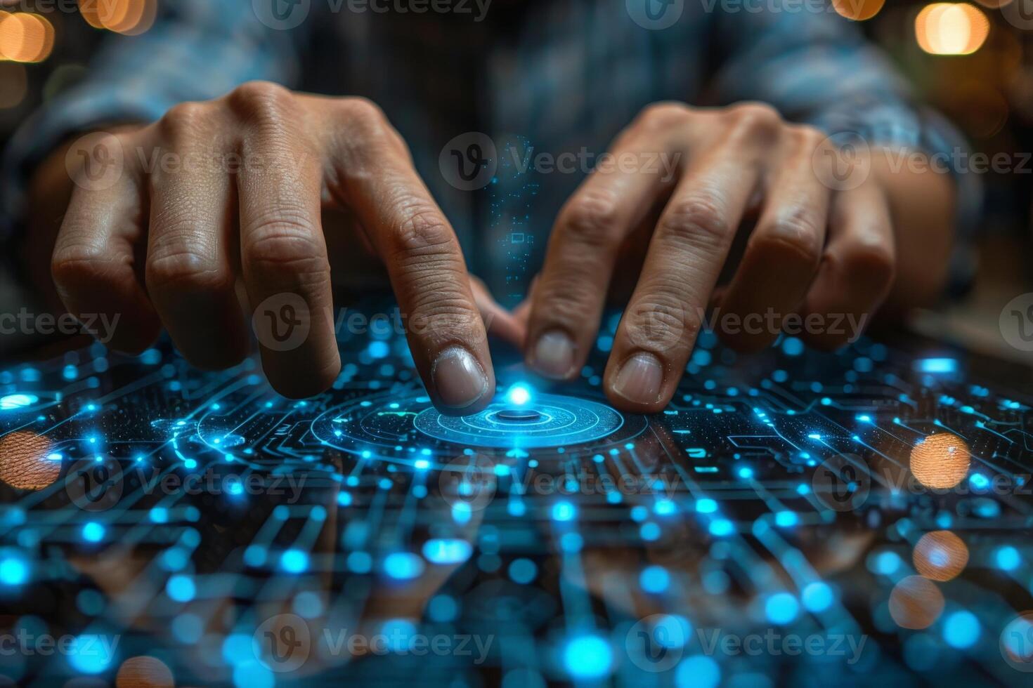 A persons hands typing on a blue keyboard with fluid gestures photo