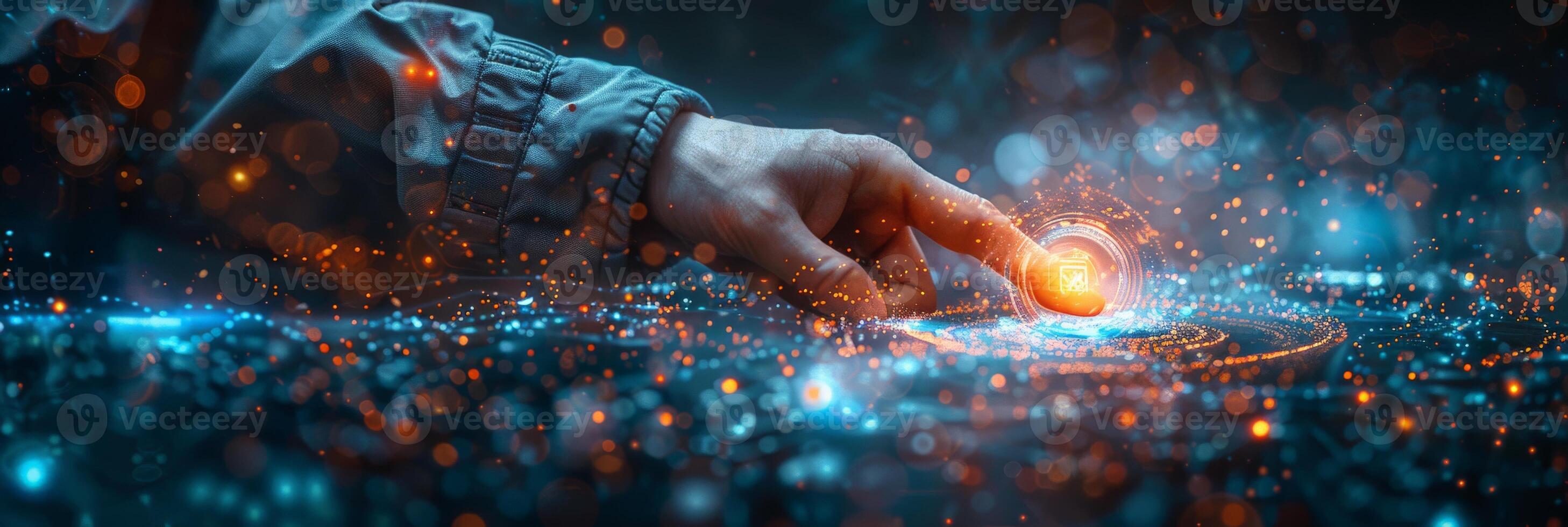 A hand is seen pushing a button on a screen, related to technology photo