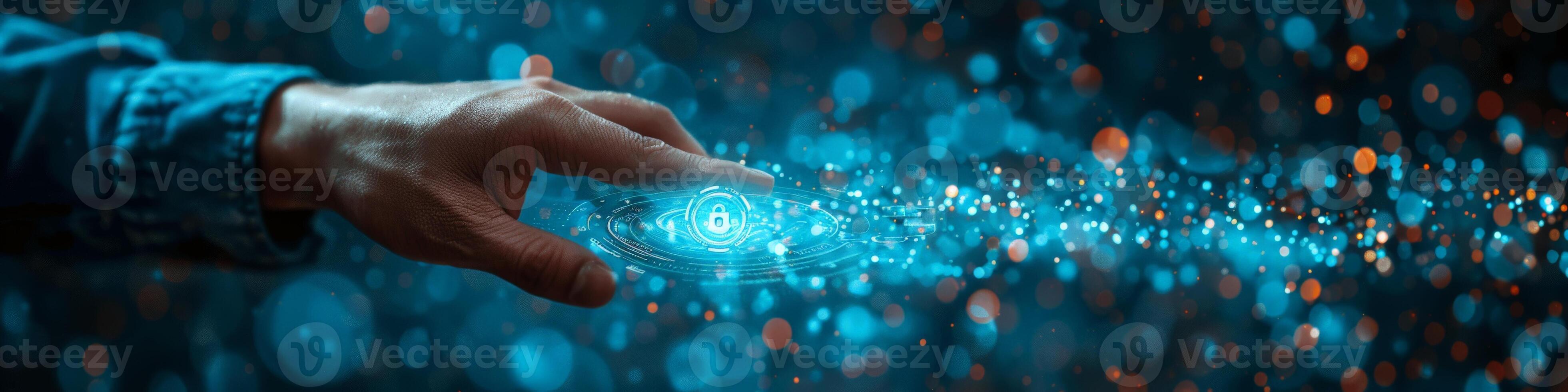 In the image, someones hand is pushing a button displaying a padlock symbol photo