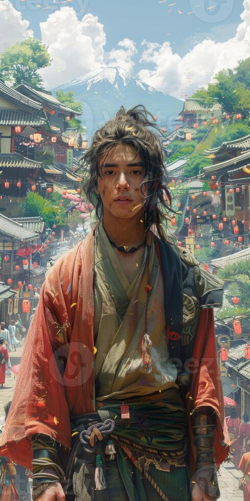 Man in kimono in crowded city with mountain in background photo