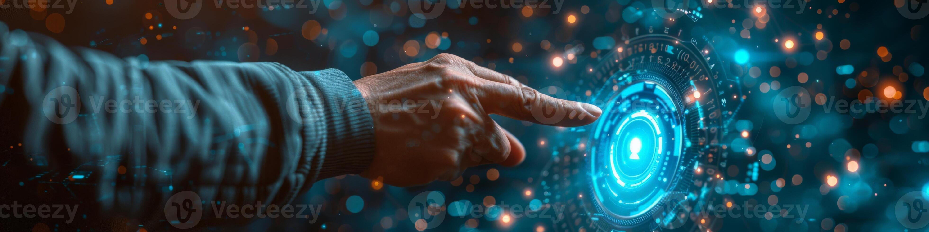 A person is using their finger to press a button with a keyhole photo
