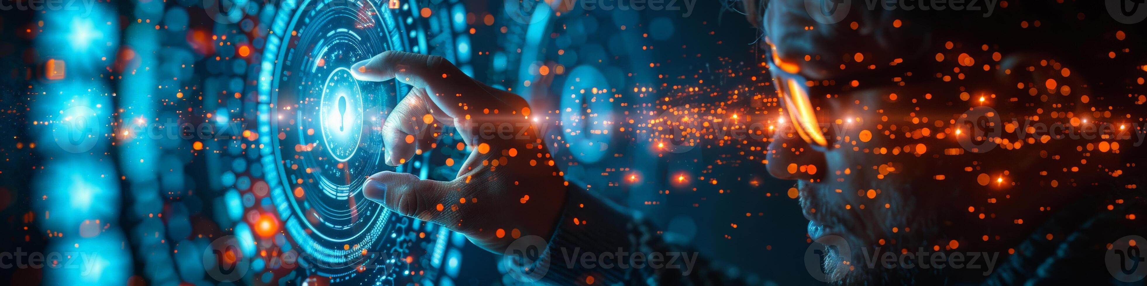 A man is interacting with a button on a hightech display photo