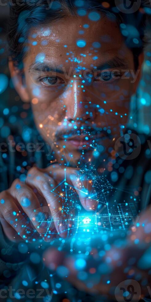 A man holds a glowing object in his hands in front of his face photo