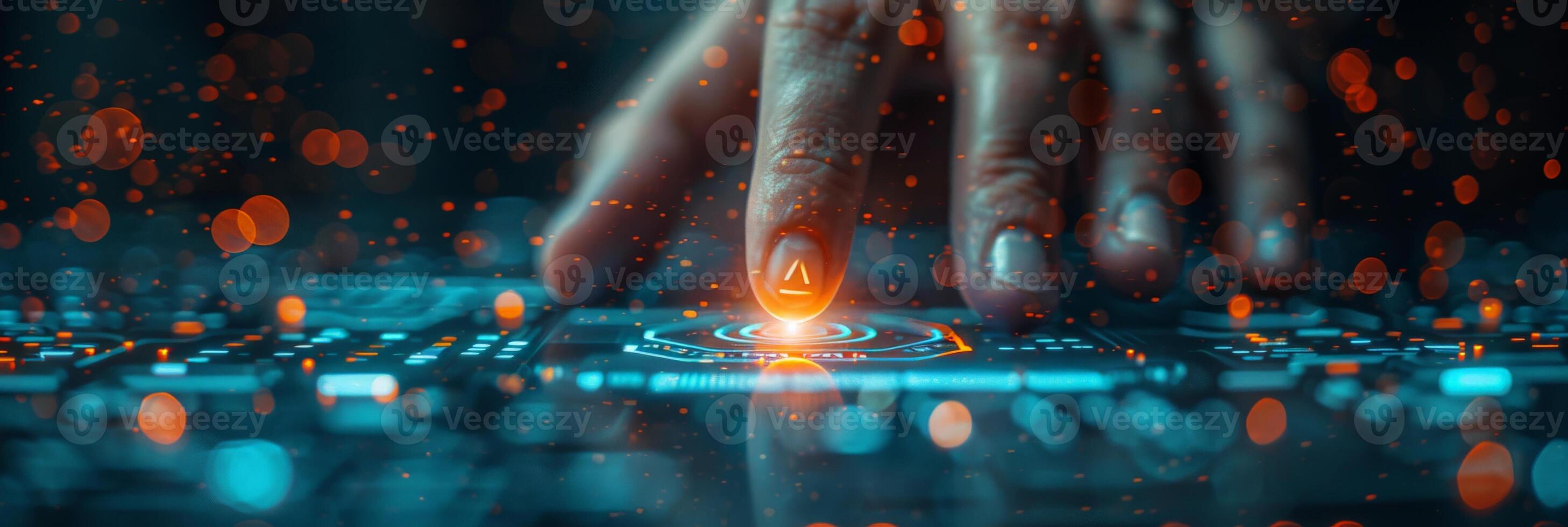 A hand is using its fingers to press a button on a hightech display screen photo