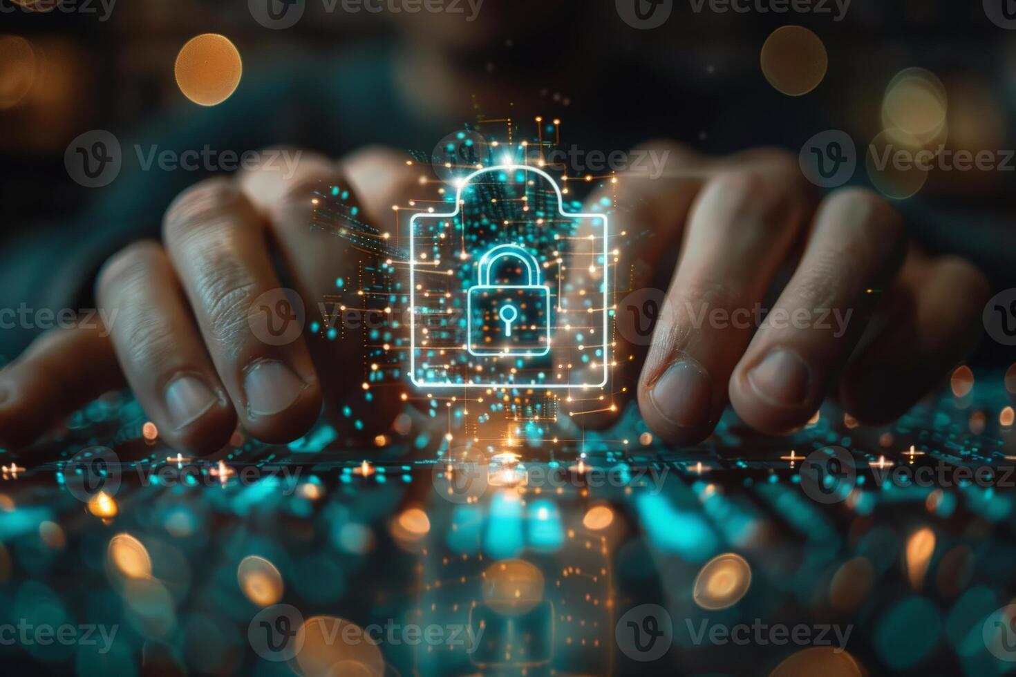 Person typing with a padlock emerging from keyboard photo