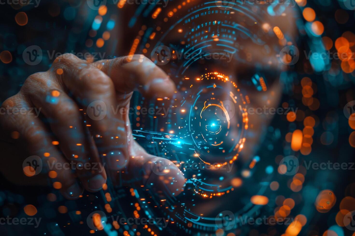 A man is interacting with a hightech display using his finger photo