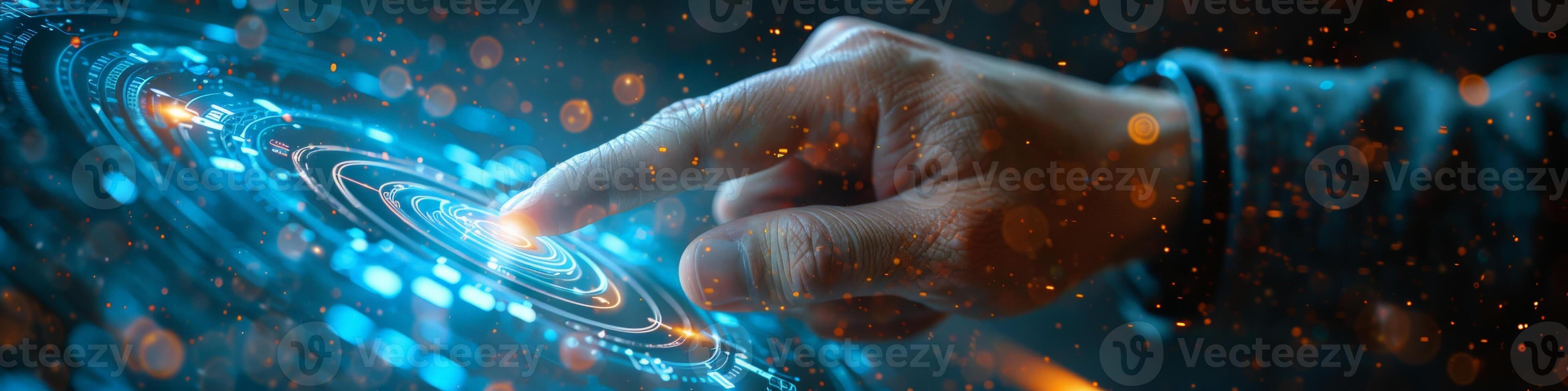 In the image, a hand pushes a button displayed on a futuristic screen photo