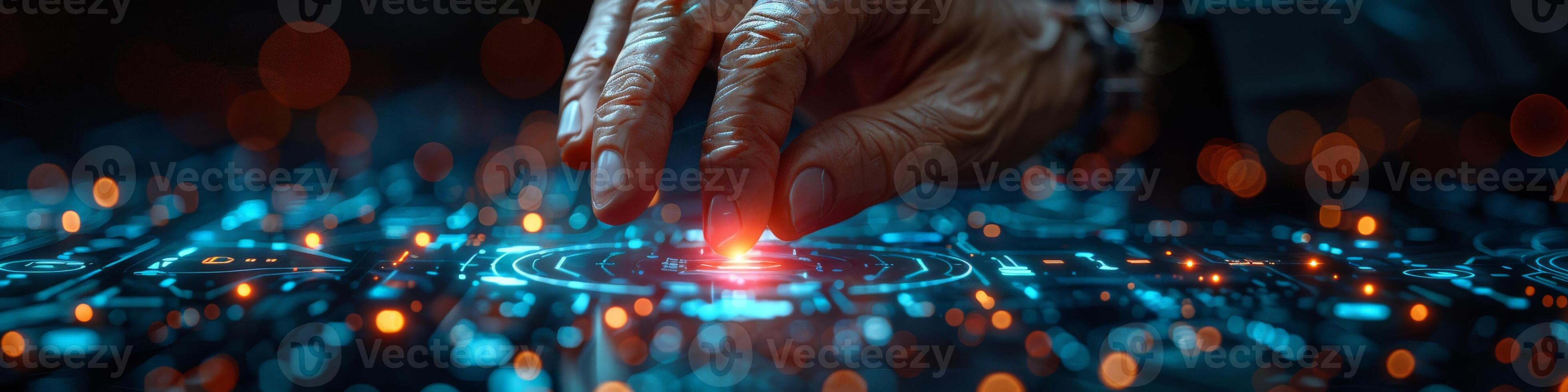 An up close view of a persons hand as they push a button photo