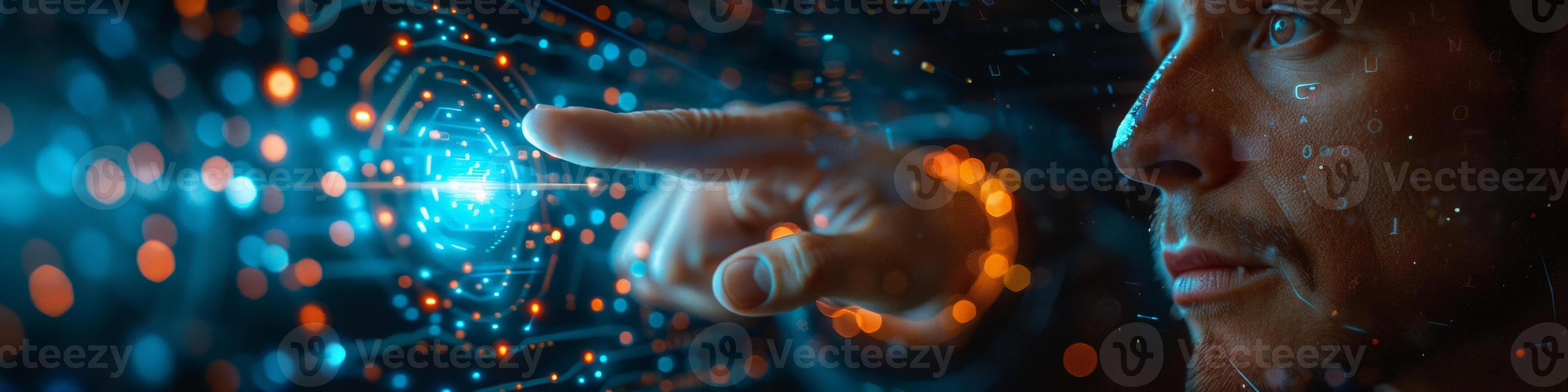 A man is using his finger to press a button on a device photo
