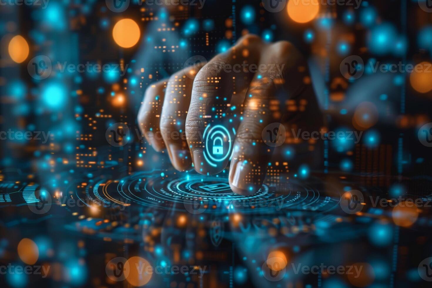 A person is interacting with a padlock displayed on a modern digital screen photo
