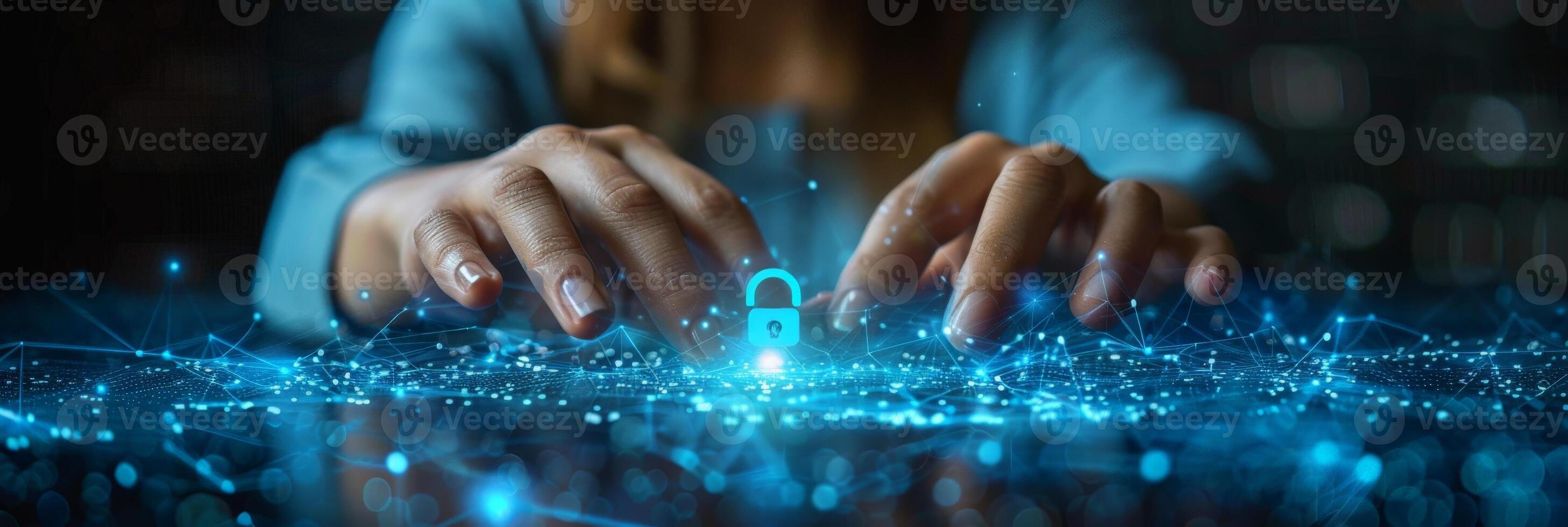A woman typing on a computer keyboard with a padlock coming out of the screen photo