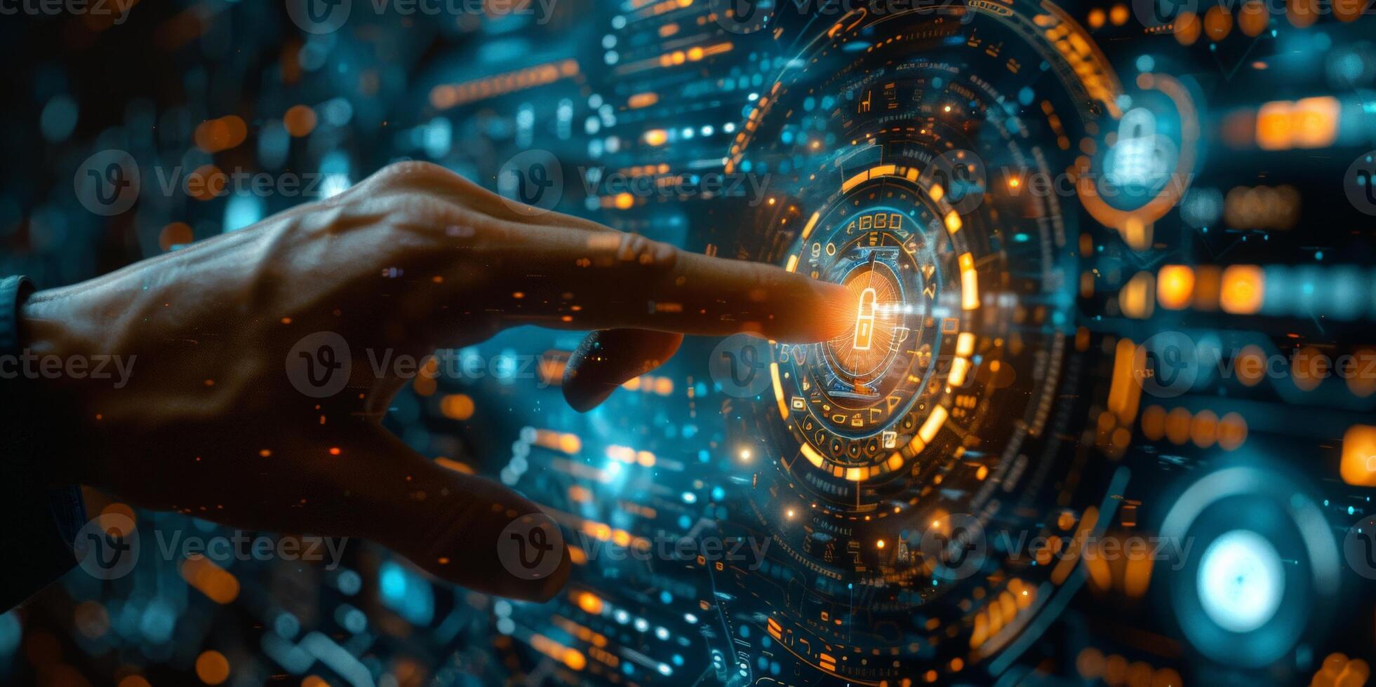 In the image, a hand is shown pushing a button on a modern screen photo