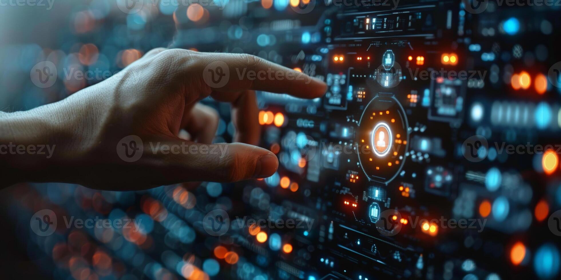 In a futuristic scene, someone uses a hightech interface by pushing a button photo