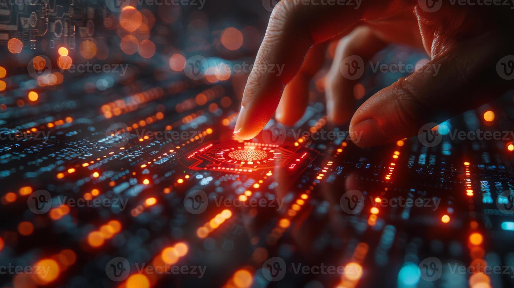 A person is touching a computer chip with their finger on a closeup shot photo