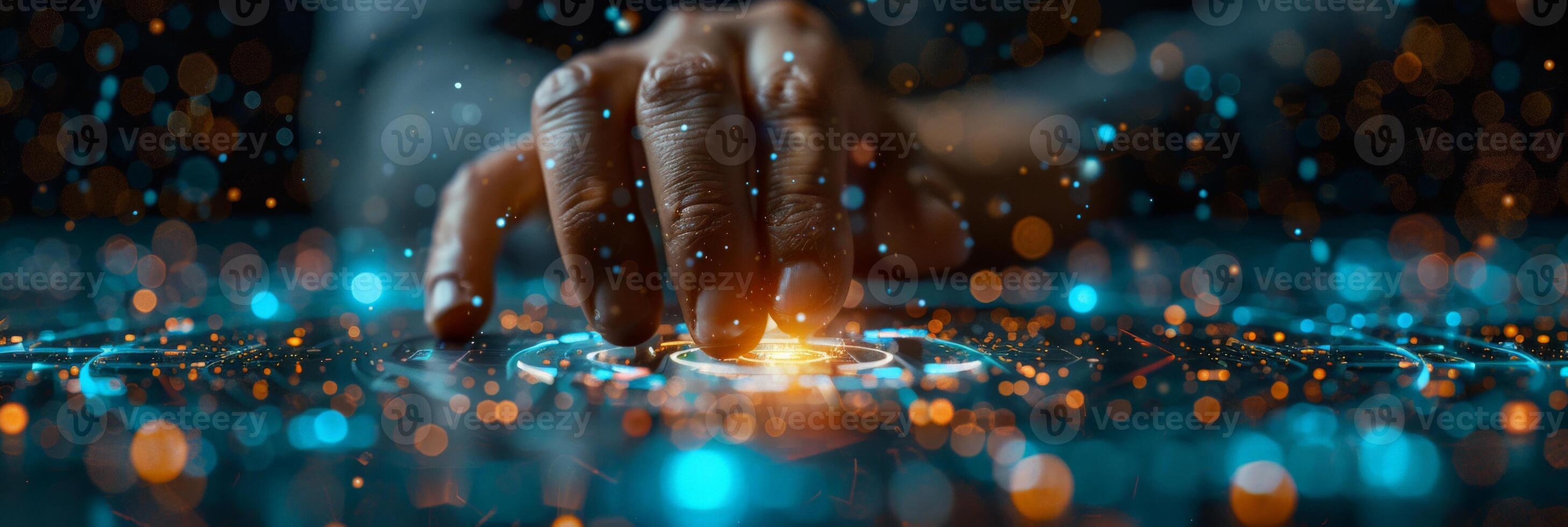 A detailed view of a hand touching a digital display screen photo