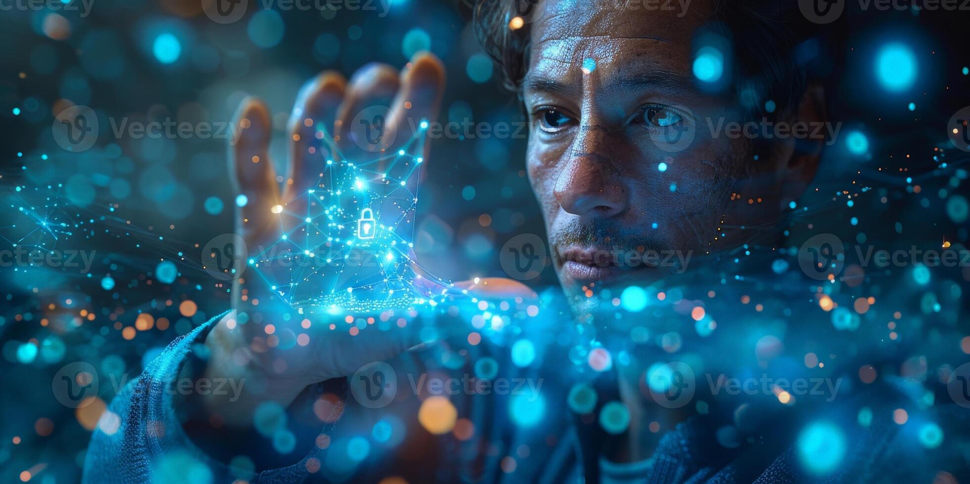 A man holds a glowing object, surrounded by various related keywords photo