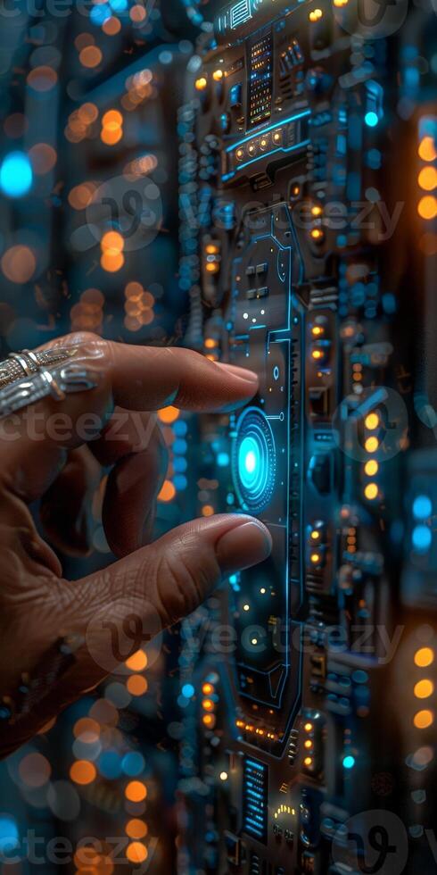 Close up of a hand pressing button on futuristic device photo