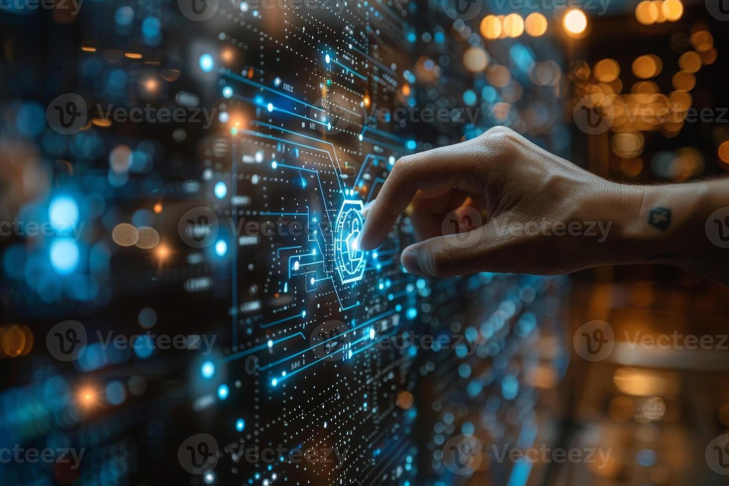 On a computer screen, a hand is pressing a button photo