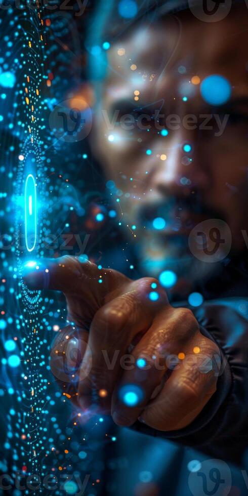 A man is using his finger to press a button on a screen photo