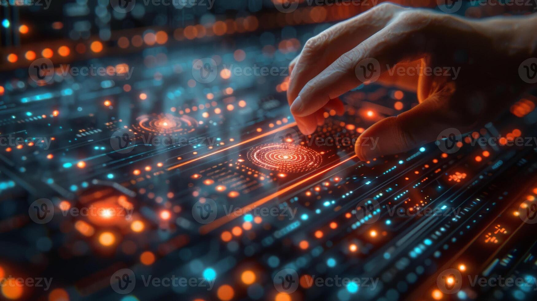 Close up of a persons hand pressing button on computer screen photo