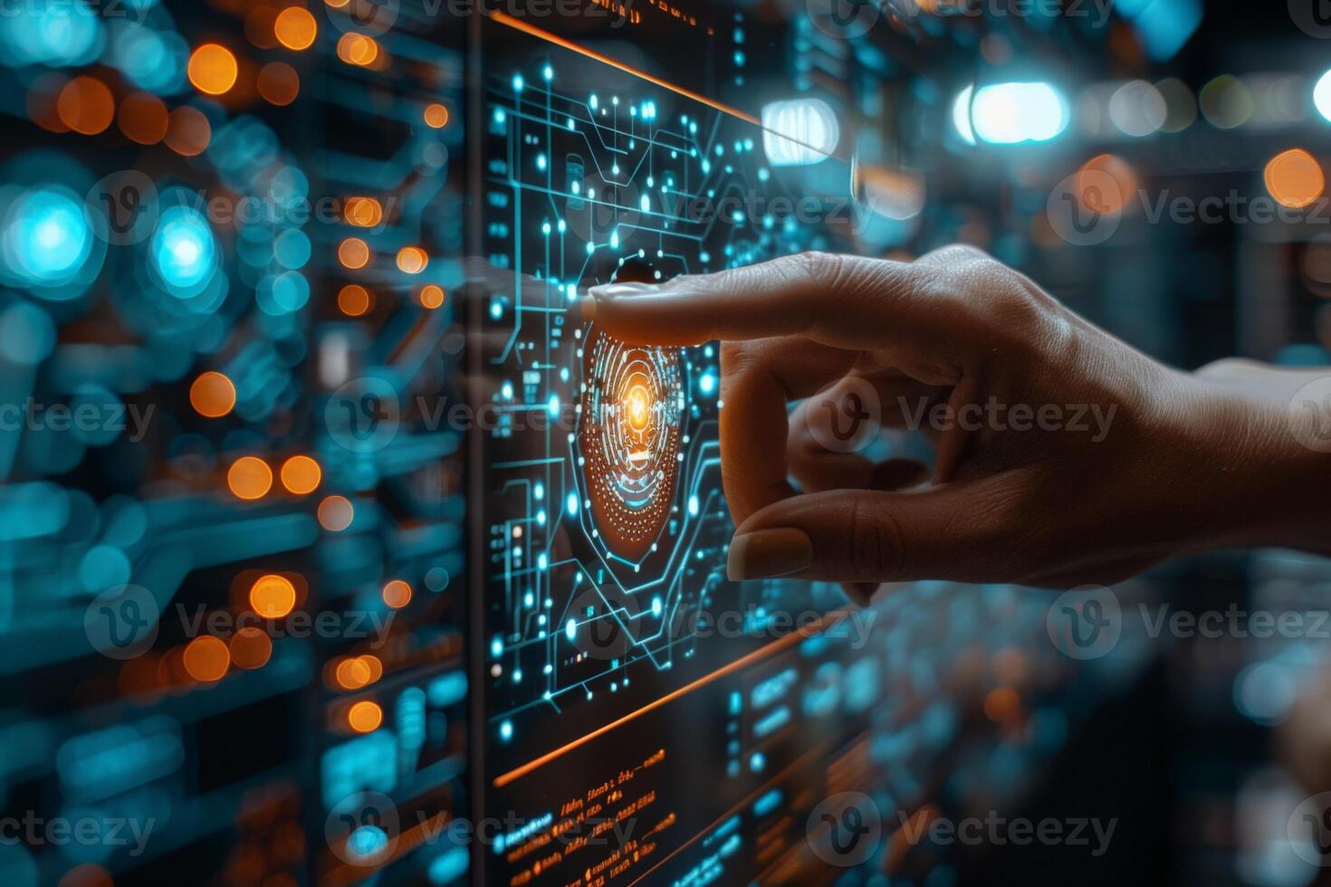 A person is interacting with a hightech screen by pressing a button photo