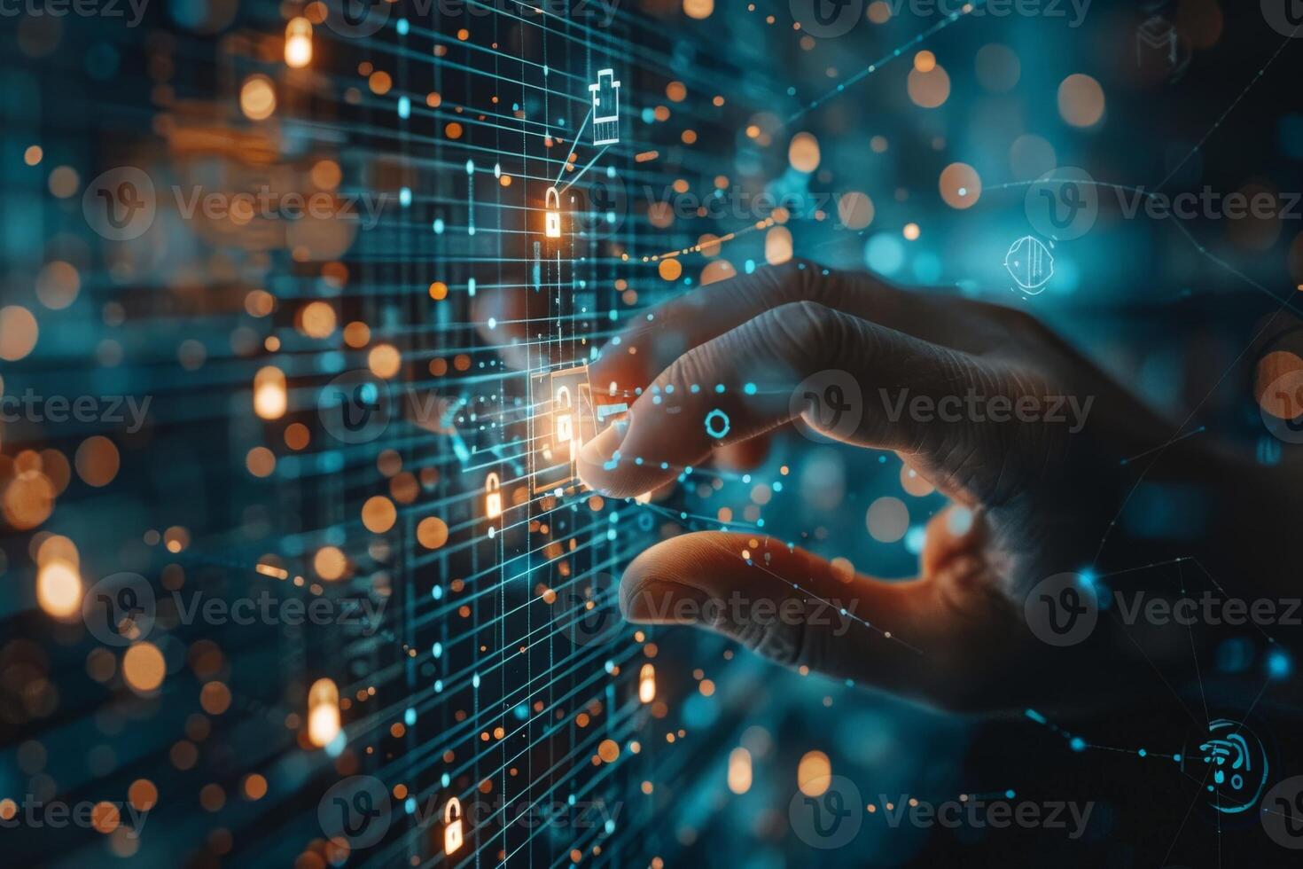 In the image, a hand makes contact with the screen showing a padlock photo