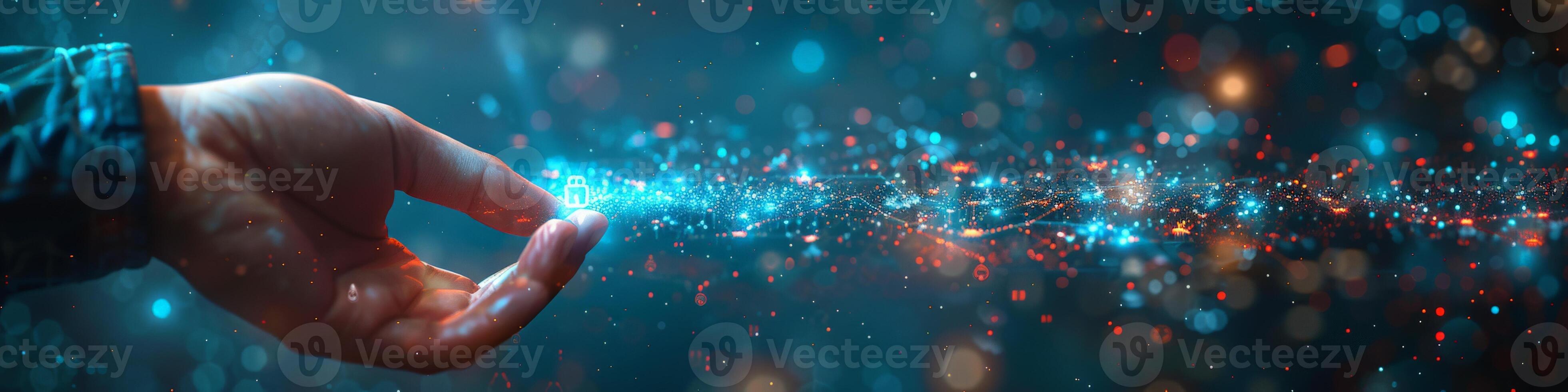 A hand is extended, connecting with a vivid network of illuminating data particles photo