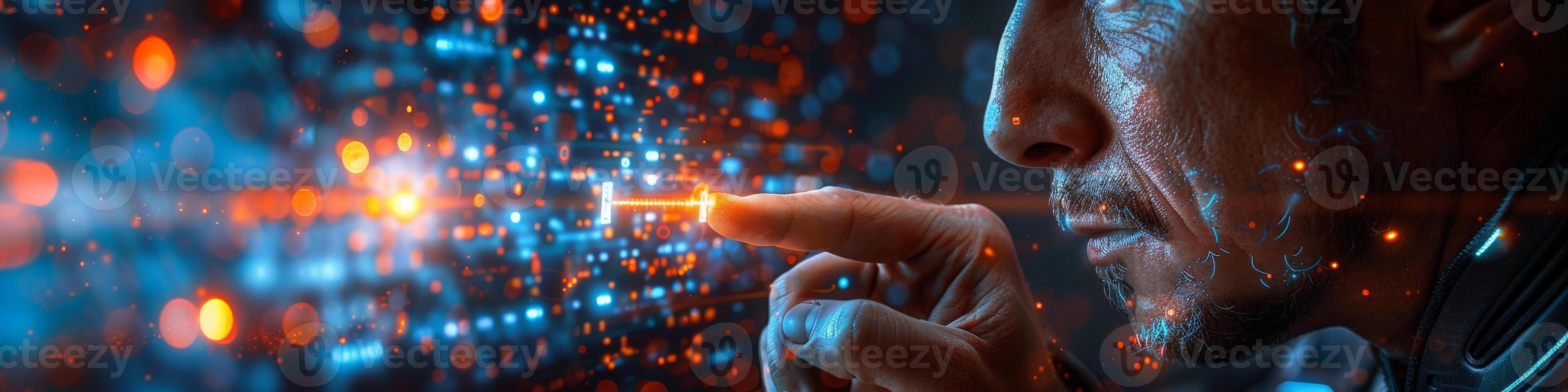 A man is using his finger to press a button, hand gestures photo