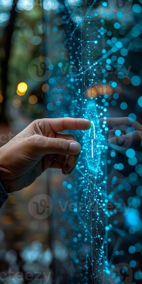 A close up of a persons hand interacting with a digital touch screen photo