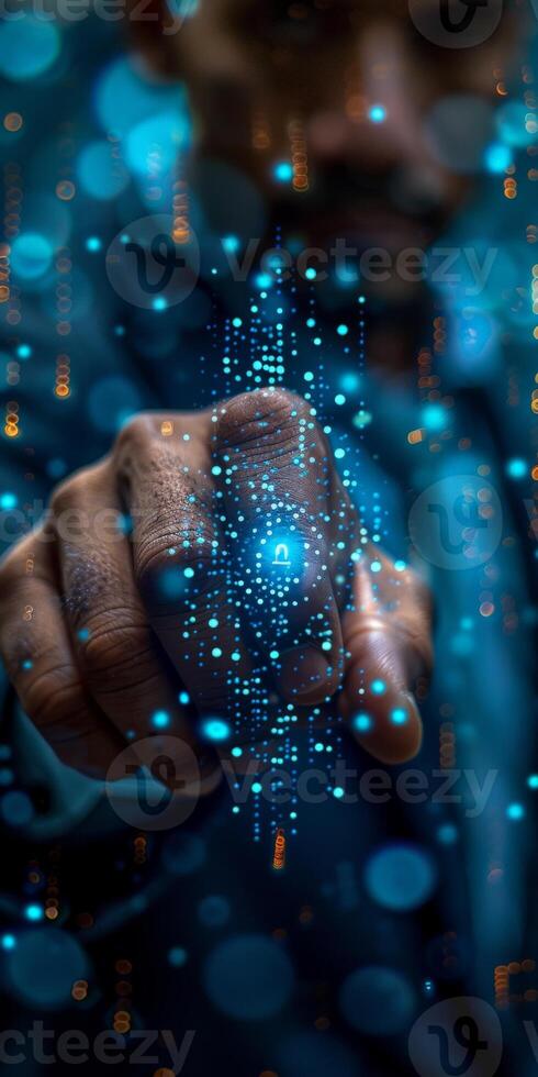 A man is seen using his finger to interact with a digital screen photo