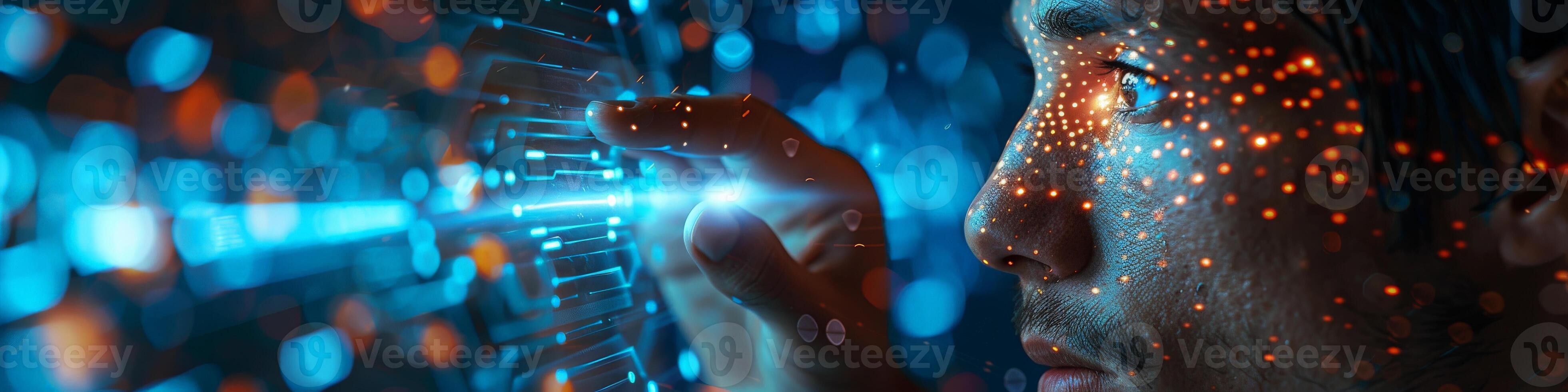 A man looks at a computer screen with light beams from his eyes photo