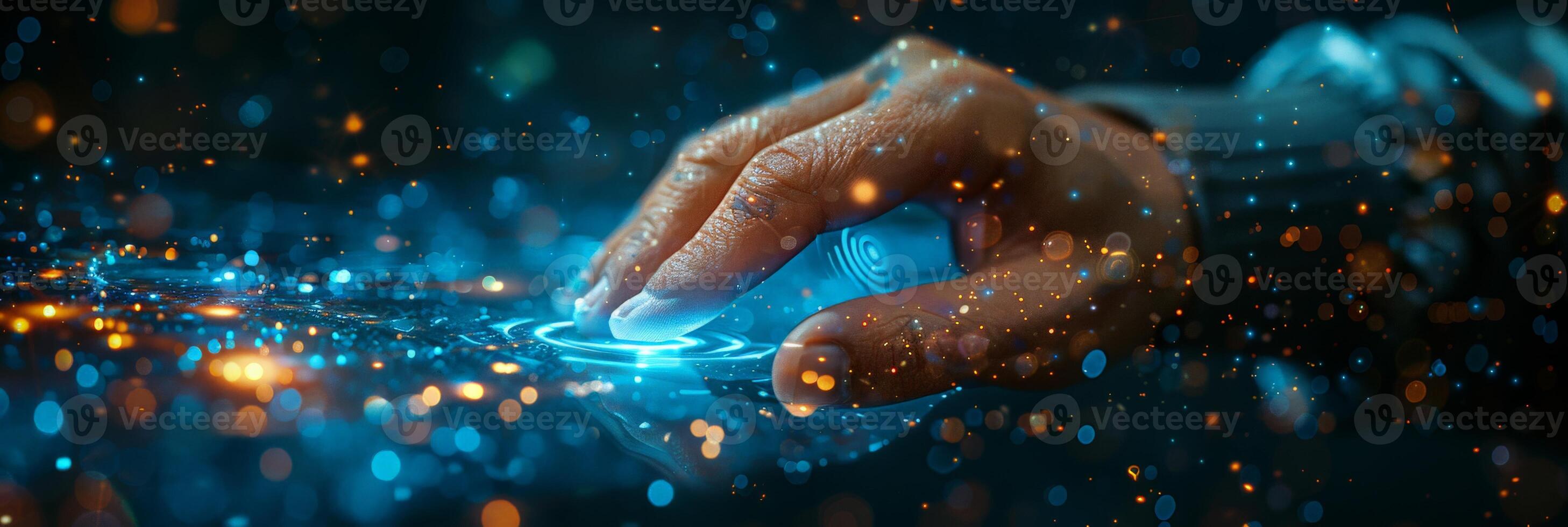 A person is seen touching a digital screen close up photo