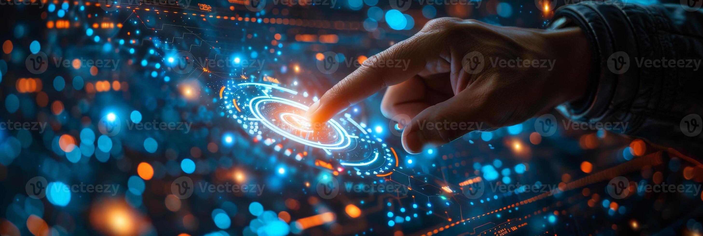A person pushing a button on a screen, possibly for entertainment or an event photo