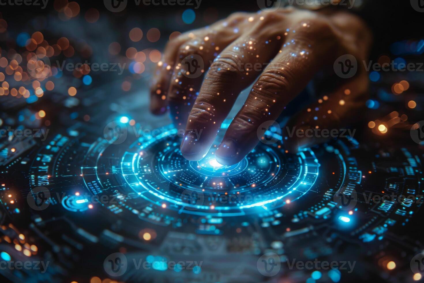 A person pressing a button on a futuristic screen photo