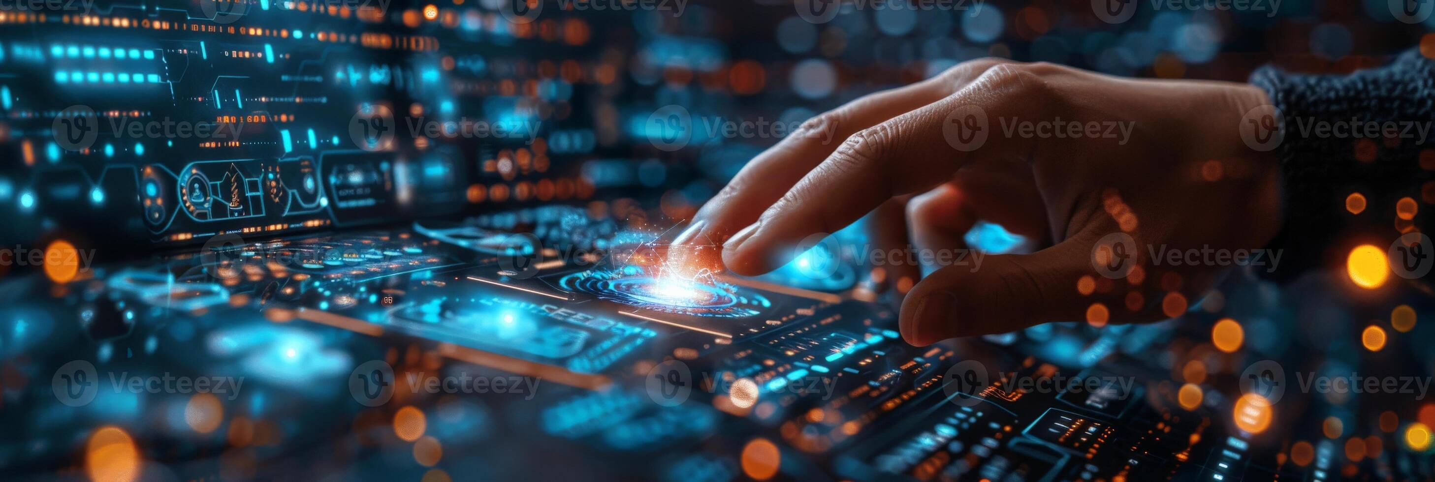 A person is using their finger to press a button on a computer screen photo