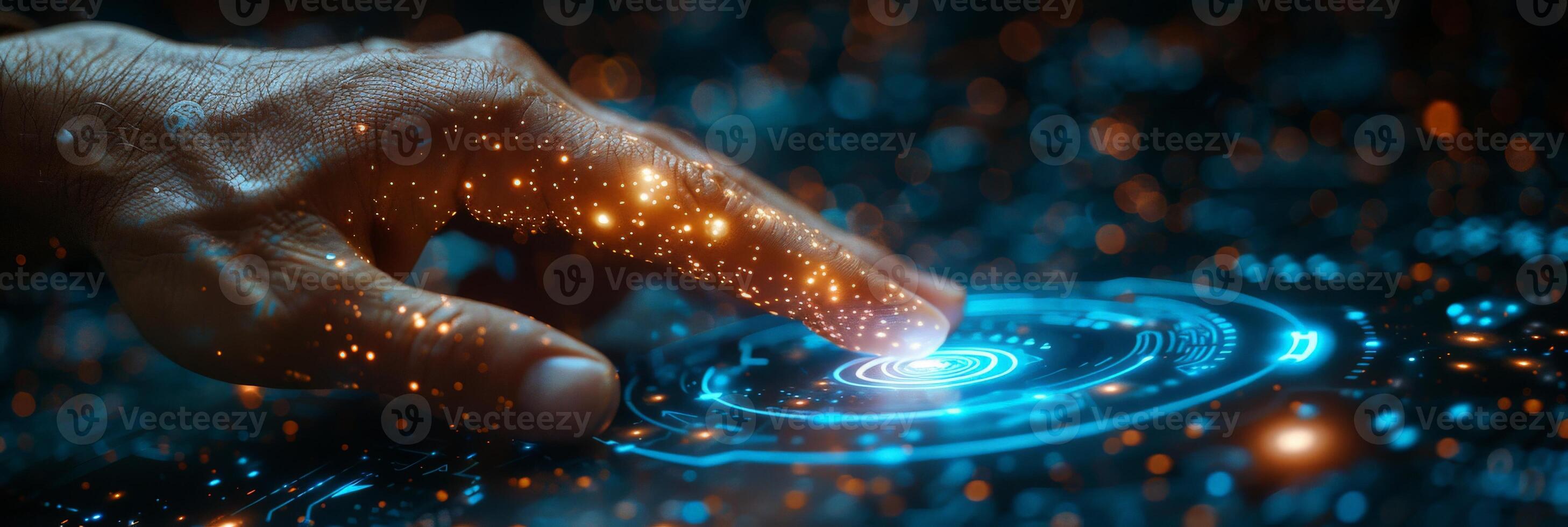 A close up of a hand interacting with a modern touch screen device photo