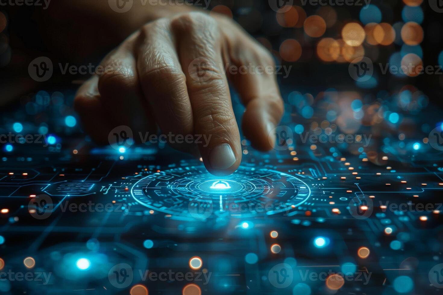A person pressing a button on a futuristic screen photo