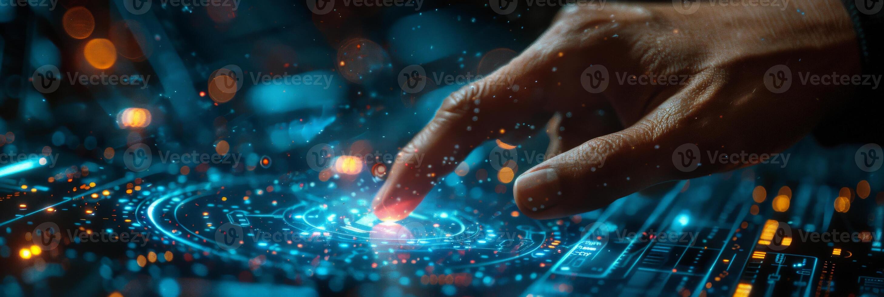 Touchscreen Interface Technology - Hand Interacting with Futuristic Digital Display photo