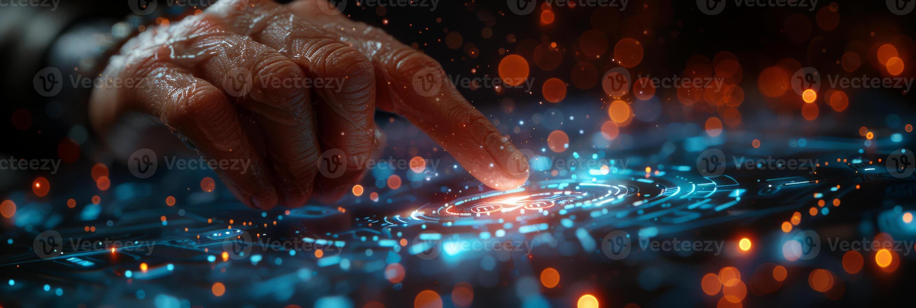 In the image, a persons hand is seen touching a digital screen closely photo