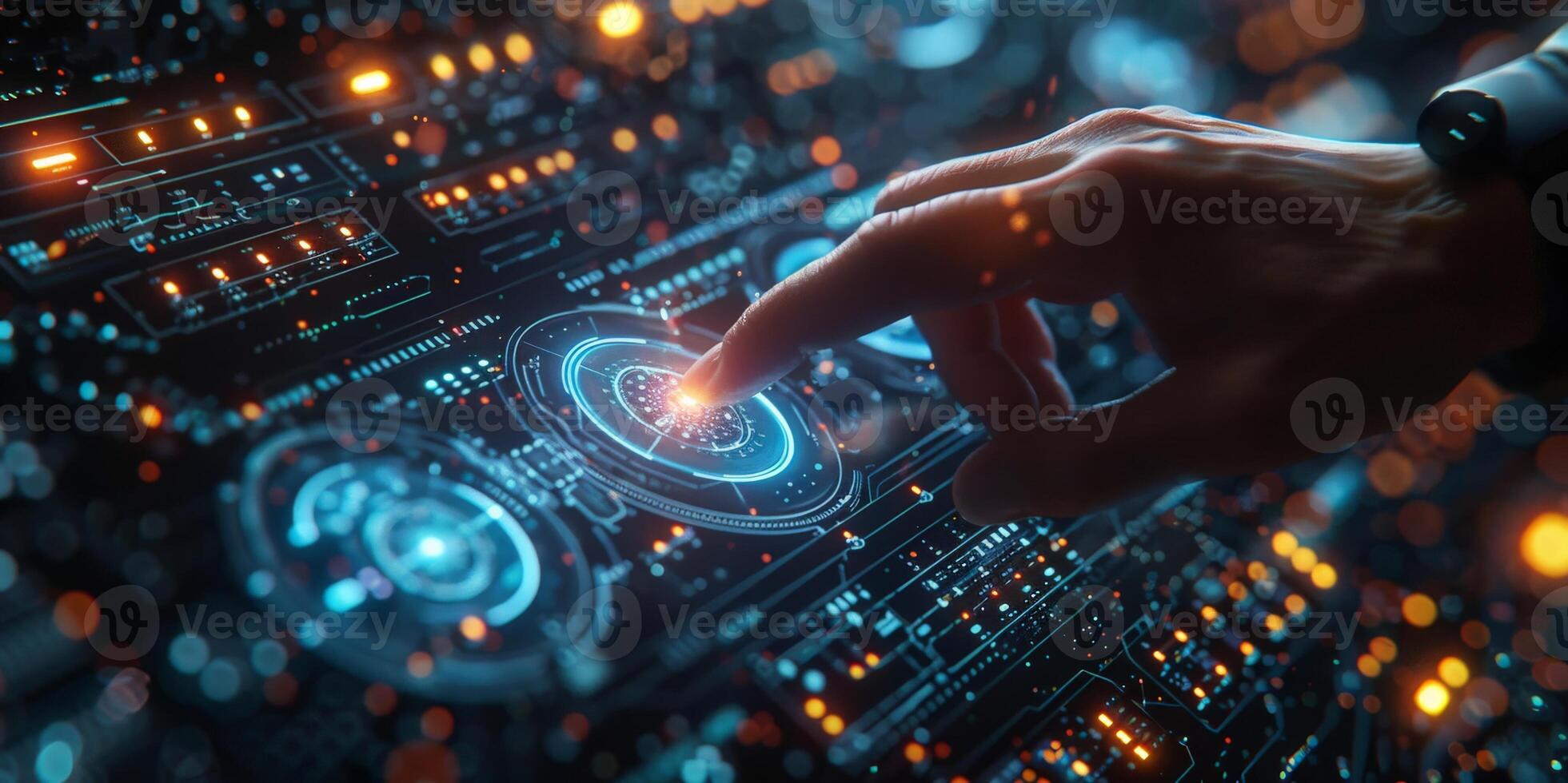 A person touches a hightech screen with their finger for interaction photo