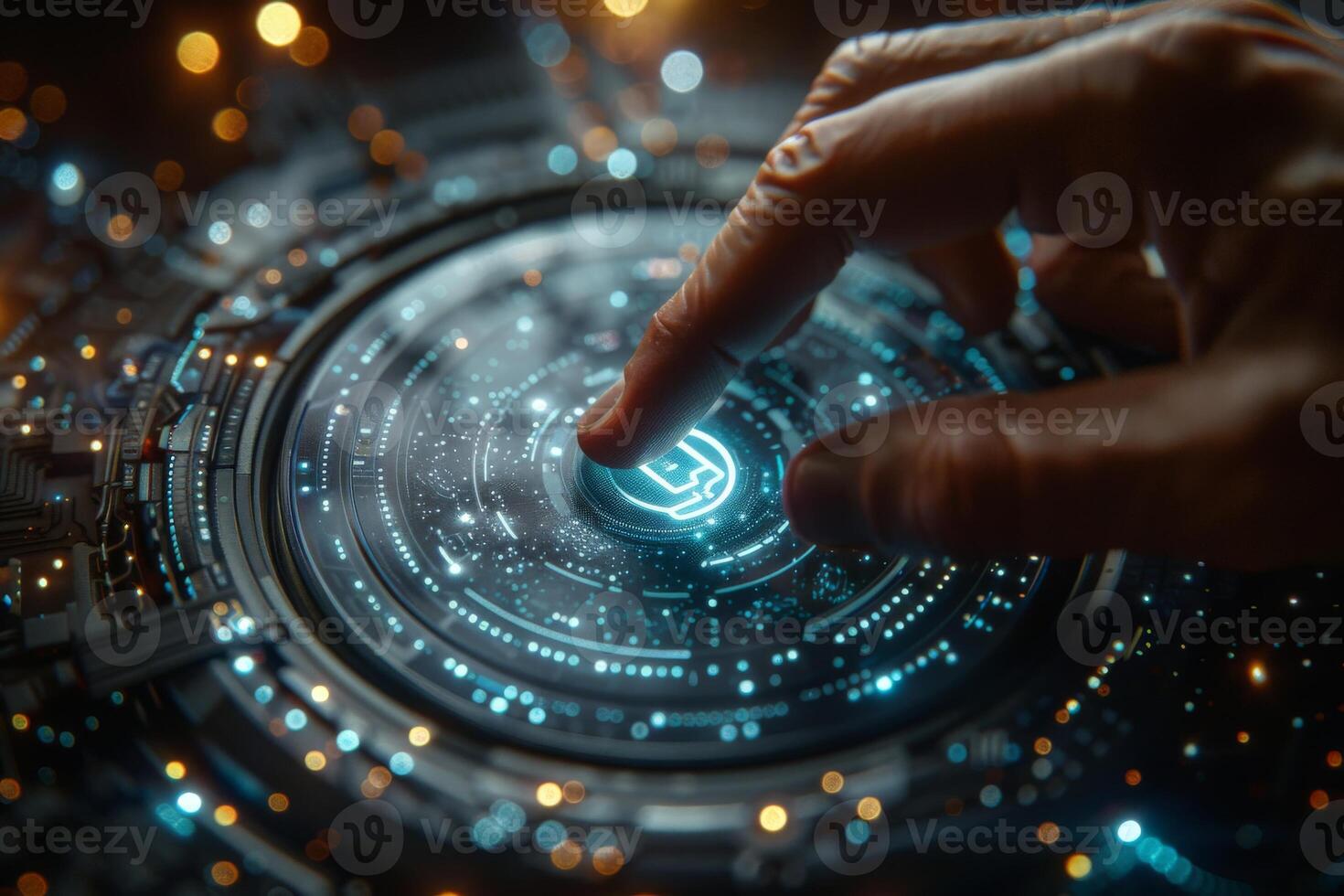 A person is using their finger to interact with a hightech touchscreen photo