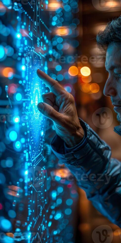In a city with blue lights, a man uses a hightech touch screen to showcase futuristic technology photo