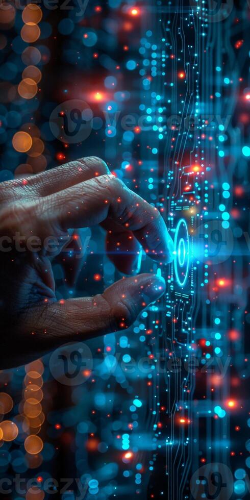 Hand pressing button on hightech screen with futuristic graphics photo