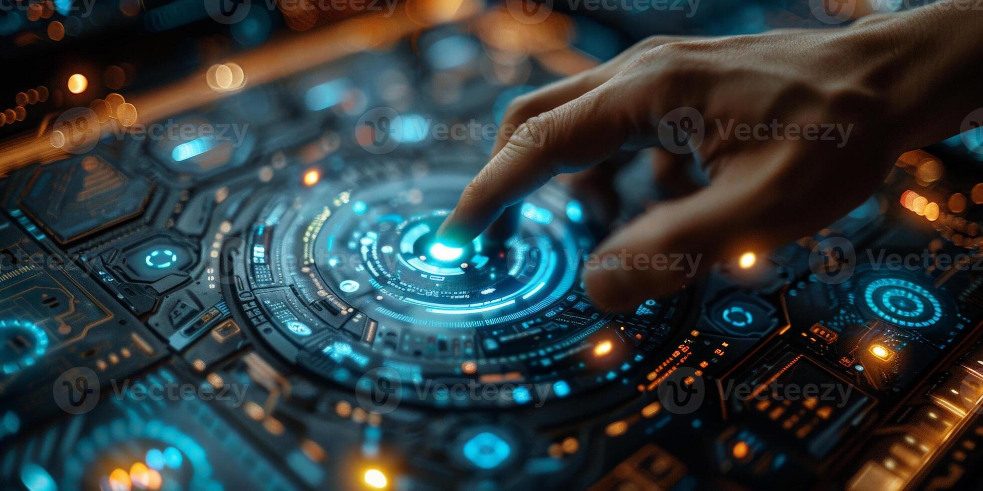 A person is using their finger to interact with a futuristic screen photo
