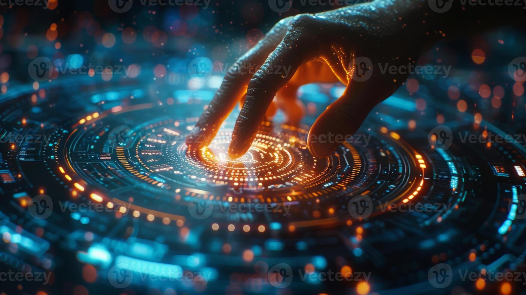 On a futuristic screen, a hand is pushing a button photo